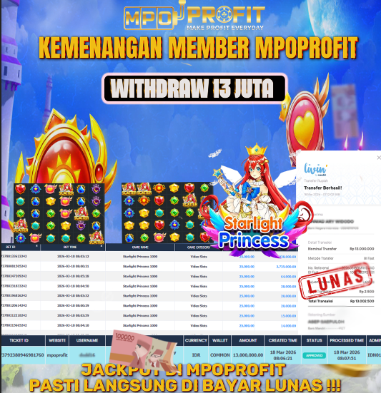 MPOPROFIT JACKPOT PRAGMATIC PLAY! KEMENANGAN MURNI DI (STARLIGHT PRINCESS TOTAL RP. 13.000.000,- LUNAS)